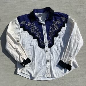 Vintage 80s 90s Cowgirl Western Yoke Blue Black Scrolling Bib Button Up Shirt L